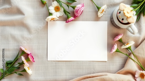 Flat lay with blank paper, flowers and coffee on textured fabric backdrop photo