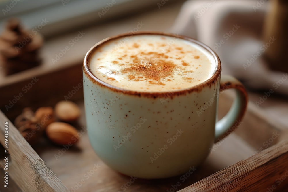 Cozy Autumn Coffee Experience: Home-Brewed Cinnamon Latte with Frothy Milk & Almonds on Rustic Wooden Tray Cozy Autumn Coffee Experience: Home-Brewed Cinnamon Latte with Frothy Milk & Almonds on Rustic Wooden Tray
