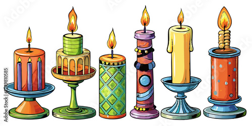 Set of isolated candles in decorative holders – Detailed cartoon vector illustration on white background, including pillar candle, stick candle, rustic candle, tealight and scented candle in glass