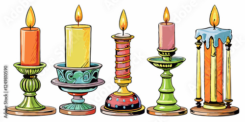 Set of isolated candles in decorative holders – Detailed cartoon vector illustration on white background, including pillar candle, stick candle, rustic candle, tealight and scented candle in glass