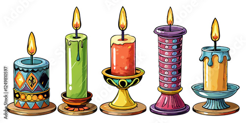Set of isolated candles in decorative holders – Detailed cartoon vector illustration on white background, including pillar candle, stick candle, rustic candle, tealight and scented candle in glass