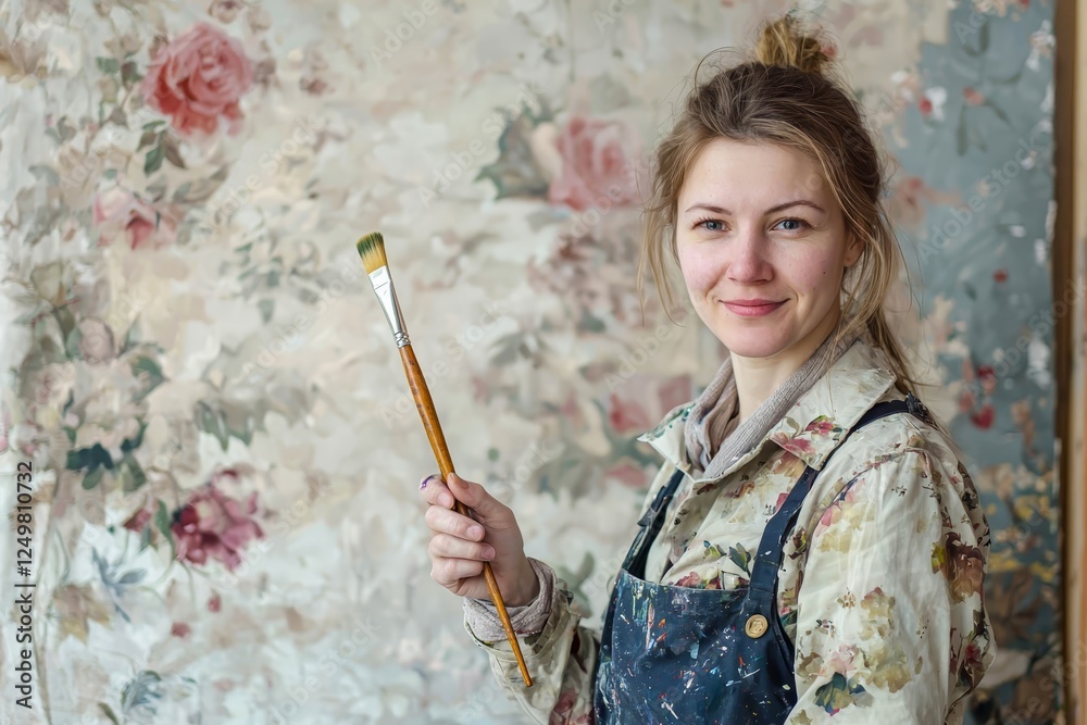 Professional artist holding a paintbrush in front of an unfinished canvas, bright studio background. Professional artist holding a paintbrush in front of an unfinished canvas, bright studio background.