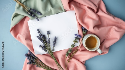 Flat Lay with Blank Paper, Flowers, and Coffee on Textured Fabric Background photo