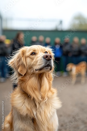 Volunteer playing tug-of-war with a dog in a rescue center yard photo