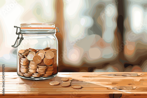 Tip Jar with Coins on Cafe Counter Reflecting in Vintage Mirror