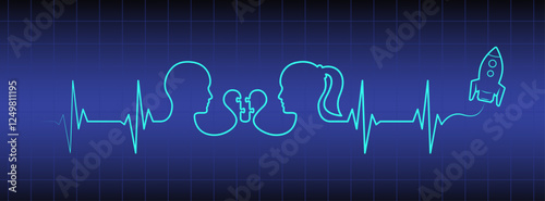 Editable blue medical wallpaper, love couple, man, woman head, puzzle heart, rocket vector art. Heart rhythm ekg vector design to use for love, healthy lifestyle, emotion, romance concept projects. 