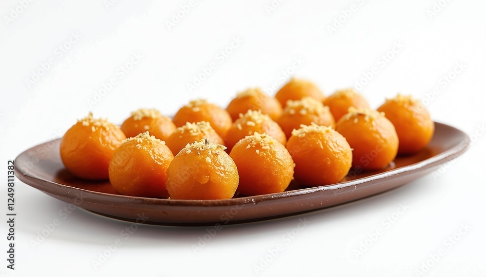 Round orange Indian sweets on brown plate. Traditional Indian dessert isolated on white background. Tasty sweet balls prepared for festival celebration. Homemade treat ready for serving. Sweet sugary Round orange Indian sweets on brown plate. Traditional Indian dessert isolated on white background. Tasty sweet balls prepared for festival celebration. Homemade treat ready for serving. Sweet sugary