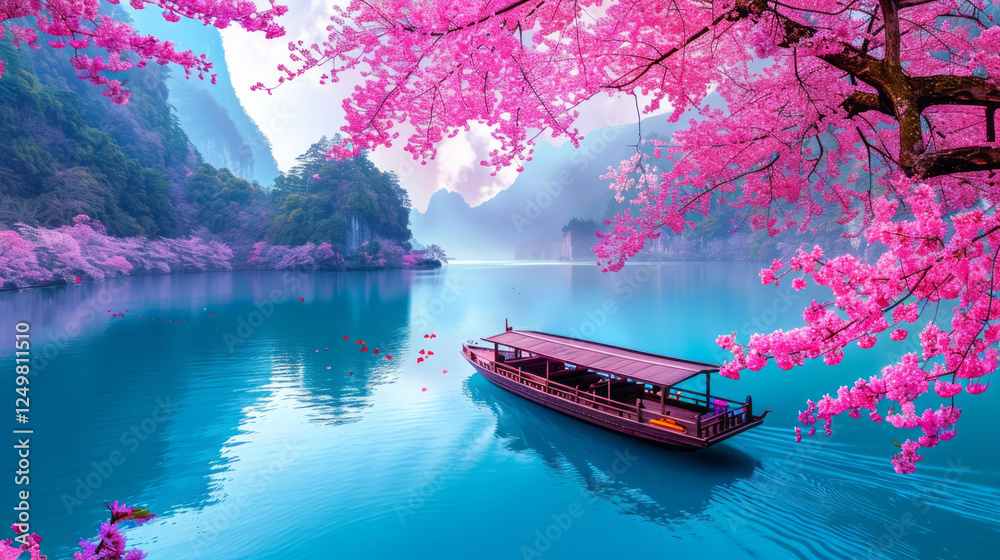 Naklejka premium Serene Tranquility: A small boat glides serenely across the tranquil waters of a lake, surrounded by the breathtaking beauty of pink cherry blossoms in full bloom.