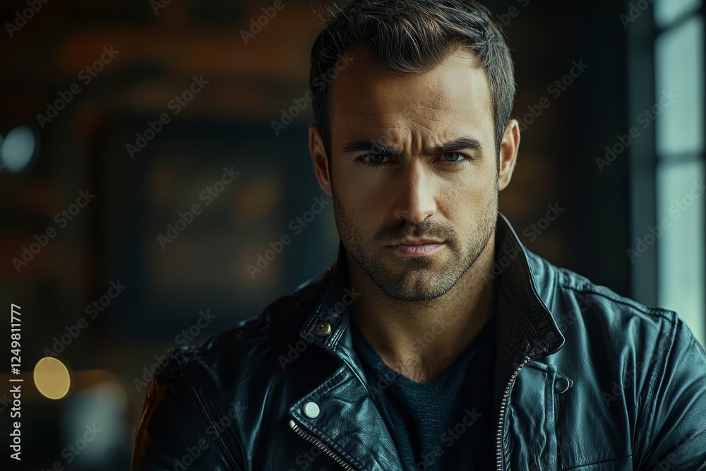 Stylish man in a leather jacket looking confidently at the camera. Stylish man in a leather jacket looking confidently at the camera.