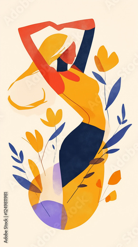 Minimalistic abstract vector illustraion with a female figure dacing background with flowers photo