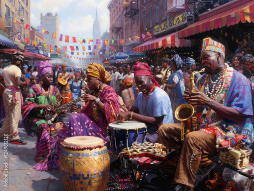 New Orleans Street Music: A vibrant street scene in New Orleans pulsates with rhythm and color.  Musicians and dancers in colorful attire create a lively celebration of music and culture. photo