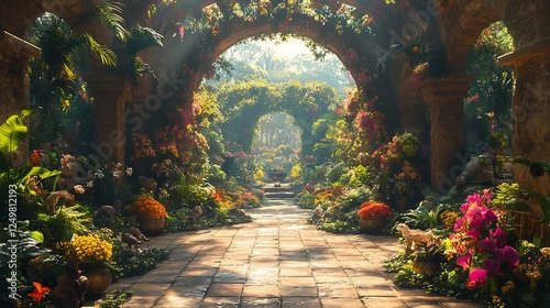 Beautiful afterlife garden filled with symbolic plants and animals representing the souls eternal journey towards peace and immortality