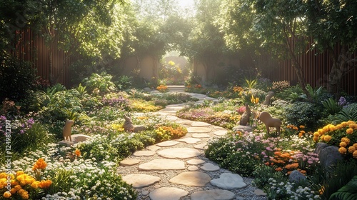 Beautiful afterlife garden filled with symbolic plants and animals representing the souls eternal journey towards peace and immortality