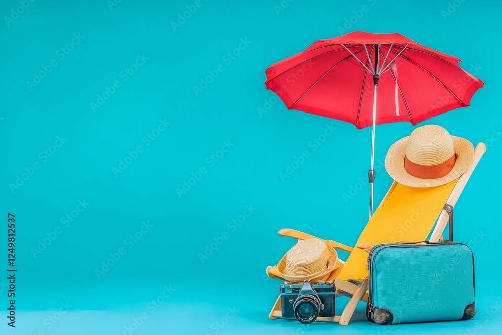 Fototapeta premium beach chair and sun umbrella , travel luggage with hat and camera summer travel theme , wanderlust, traveling , traveler , holiday