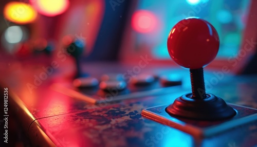 Close-up view of arcade game machine. Joystick, buttons in focus. Blurred background with colorful lights. Retro gaming concept. Interactive gaming action. Vivid colors highlight retro tech. Gaming photo