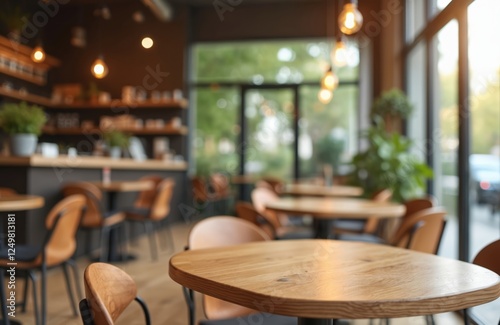 Empty modern coffee shop interior. Wooden tables, chairs arranged in cafe. Sunlight streams through large windows. Blurred background suggests pleasant outdoor setting. Ideal for modern eatery with