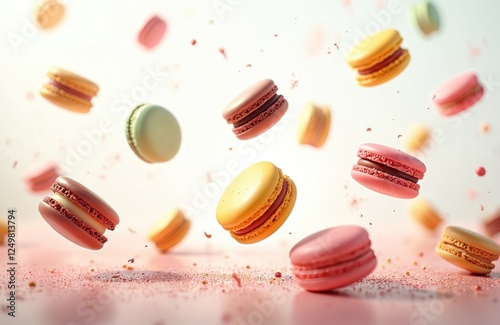 Wallpaper Mural Colorful macarons levitate in air against clean pink background. Various pastel shades of macarons including pink yellow, green. Sweet treats float in dynamic display. Generative AI art captures Torontodigital.ca