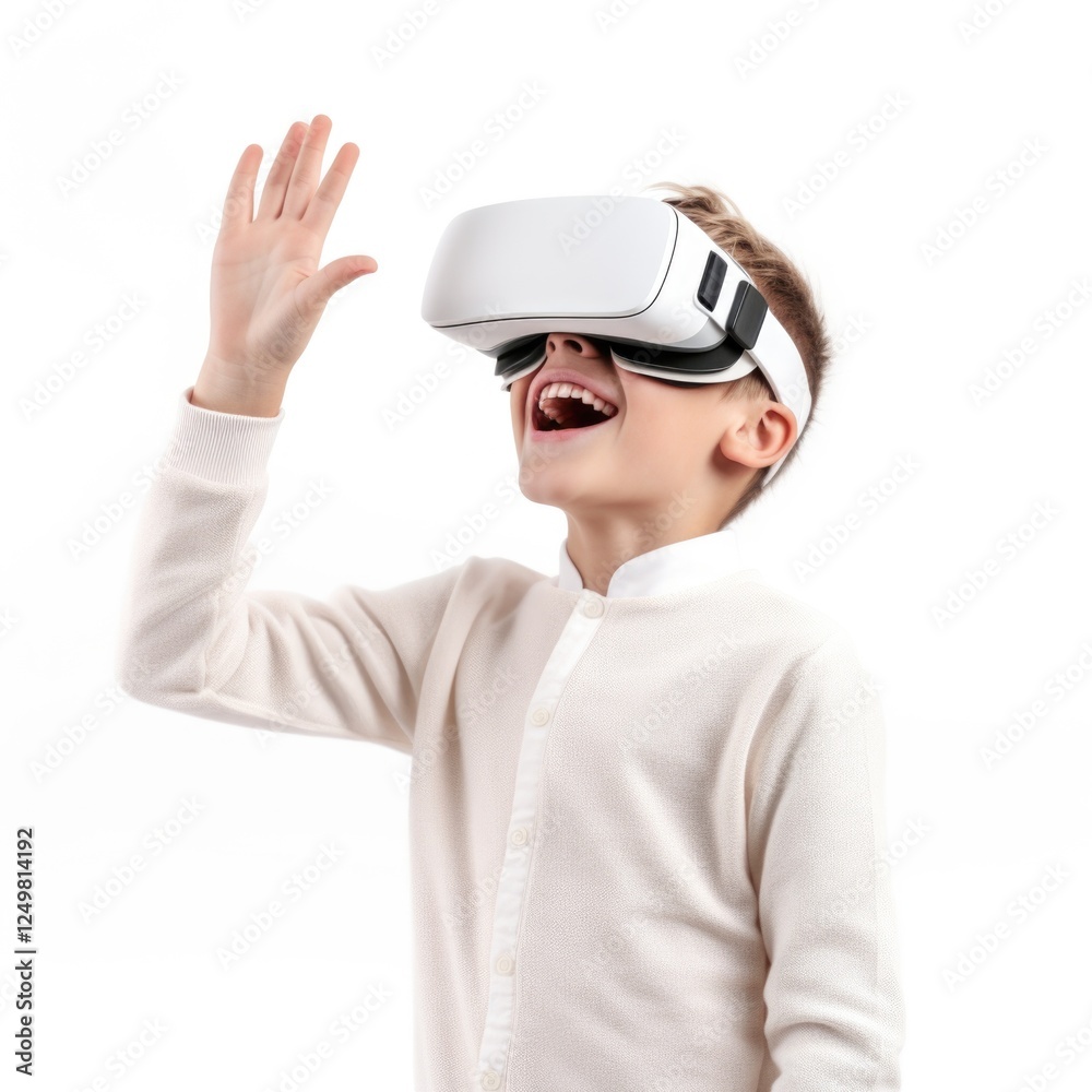 Kid wear visual goggle enjoying virtual reality in white background Kid wear visual goggle enjoying virtual reality in white background