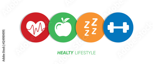 Set of healthy lifestyles symbol. Healthy heart, food, sleep, fitness. Simple vector illustration