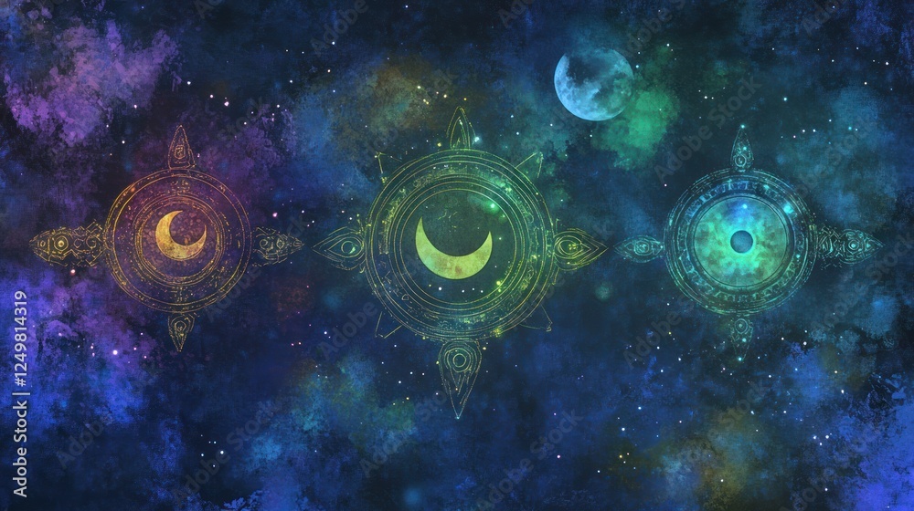 Fototapeta premium Celestial Alignment: Moon Phases and Cosmic Eye in a Starry Universe