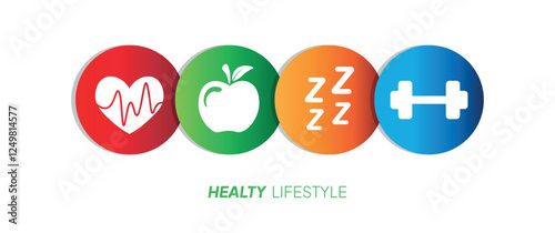 Set of healthy lifestyles symbol. Healthy heart, food, sleep, fitness. Simple vector illustration