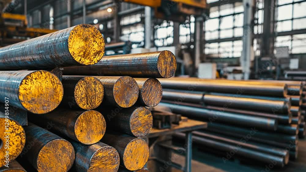Heavy steel rods stacked in a manufacturing facility with natural light ...