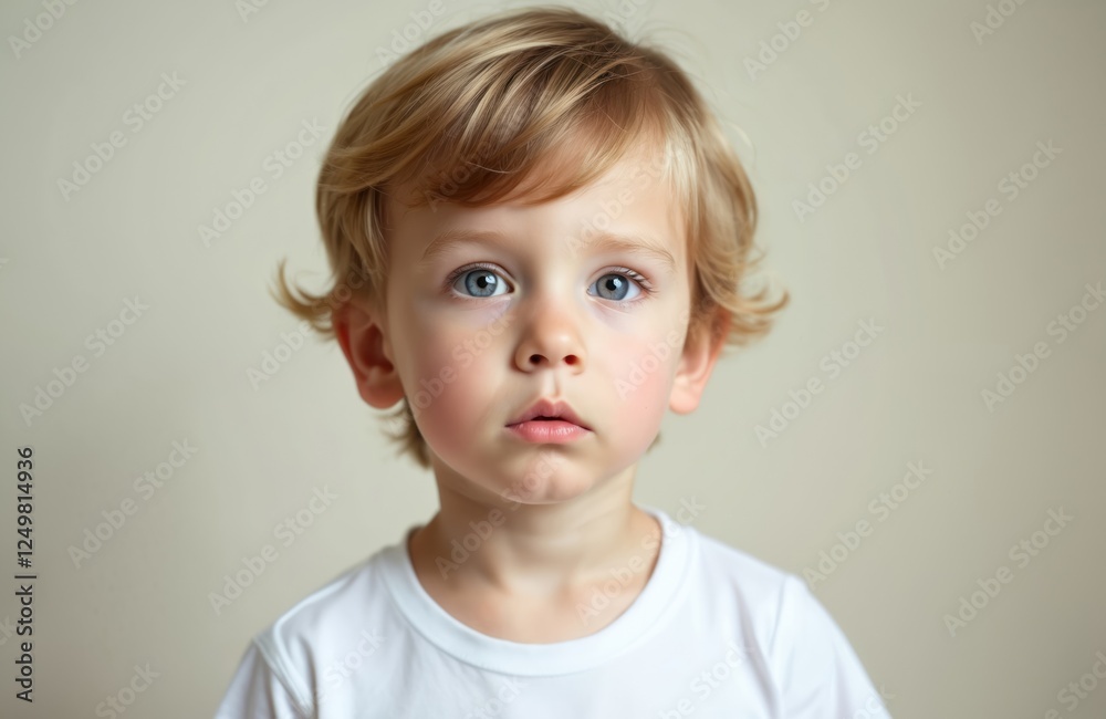 Cute little blond boy with thoughtful expression. Studio portrait of young child in plain white tshirt. Child looks directly at camera. Studio backdrop neutral color. Formal portrait of kid. Adorable Cute little blond boy with thoughtful expression. Studio portrait of young child in plain white tshirt. Child looks directly at camera. Studio backdrop neutral color. Formal portrait of kid. Adorable