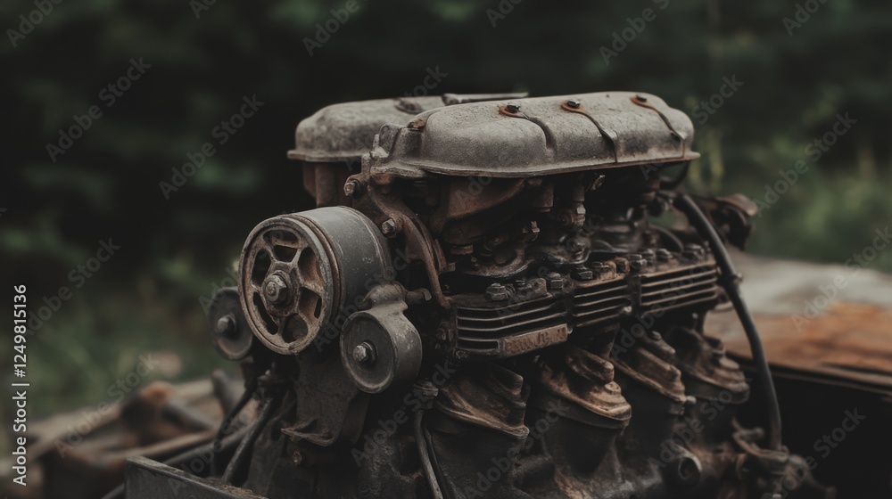 Rusty engine outdoors, forest background, industrial Rusty engine outdoors, forest background, industrial