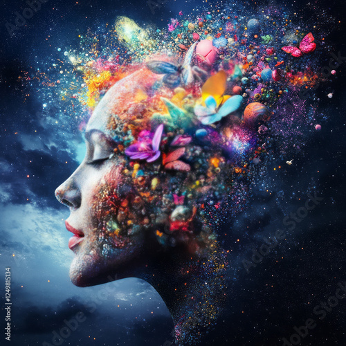 Cosmic Muse: A surreal and vibrant portrait of a woman, her head adorned with a kaleidoscope of colors, butterflies, and celestial elements.  This digital artwork explores themes of imagination. photo