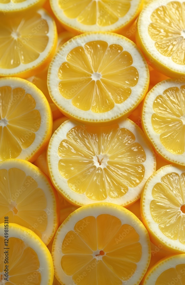 Close-up view of many lemon slices. Bright yellow citrus fruit slices create vibrant pattern. Fresh, healthy food. Ideal for food blogs, juice recipes, healthy eating themes. Natural, organic.