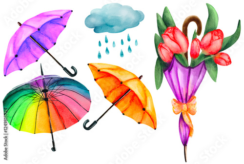 Set of elements  clipart  of bright colourful umbrella rainy spring wether flower designs perfect for textile, poster, packaging, web design hand drawn digital watercolor