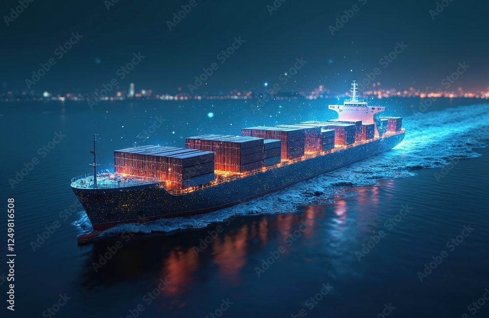 Obraz premium Futuristic container ship sails ocean night. Large cargo ship glows with tech lights. International trade transport. Global business shipment. Digital vessel on dark water. City lights background.