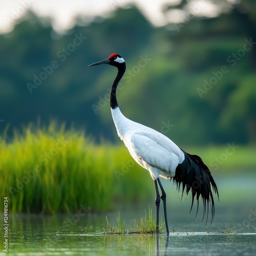 Red-crowned crane standing majestically in a peaceful wetland