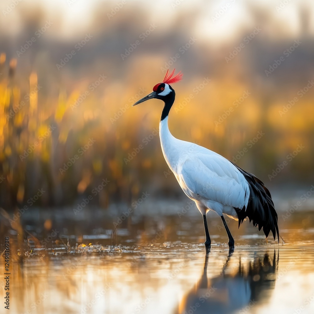 Naklejka premium Red-crowned crane standing majestically in a peaceful wetland