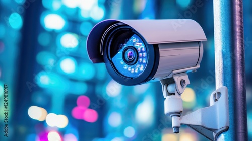 Modern surveillance camera capturing vibrant city lights at night, ensuring safety and security