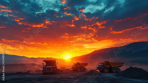 Mining trucks at sunset over open pit