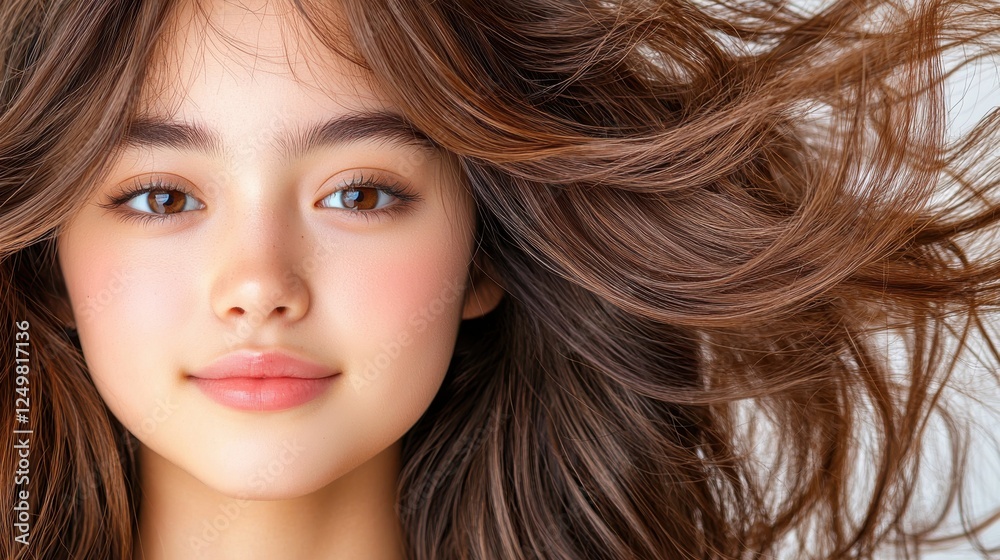 Naklejka premium Portrait of a Young Woman with Flowing Hair and Natural Makeup, Exuding Serenity and Confidence