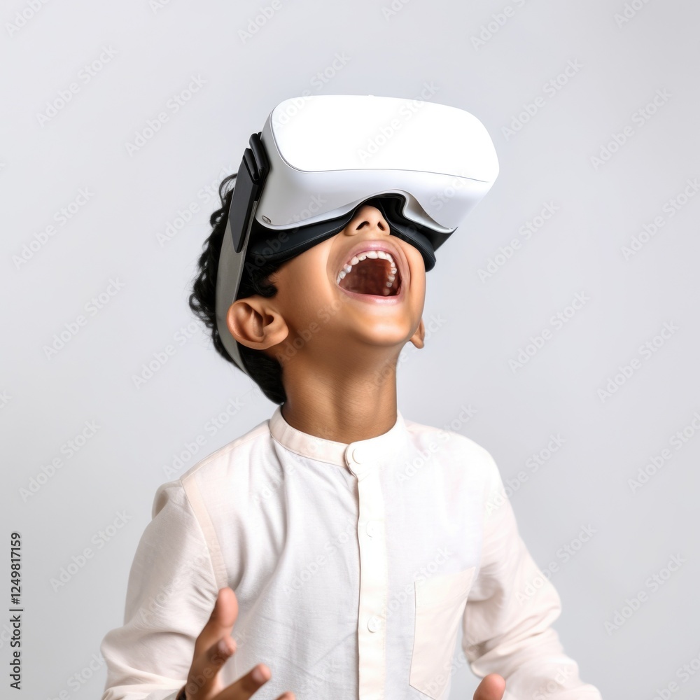 Kid wear visual goggle enjoying virtual reality in white background Kid wear visual goggle enjoying virtual reality in white background