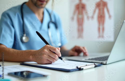 Medical pro documents patient health assessment. Doctor writes notes on paperwork. Laptop with digital record. Modern tech in healthcare. Professional in clinic hospital. Medical consultation in