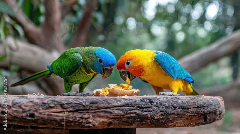Obraz premium Rescued parrot enjoying a snack in the shelter aviary
