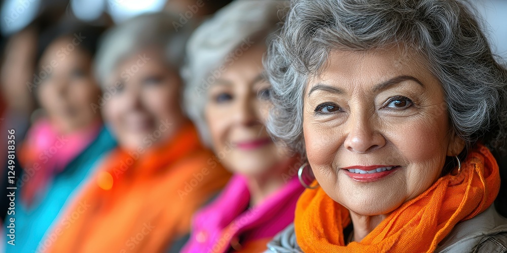 Fototapeta premium A group of older women smiles warmly while wearing vibrant scarves, sharing laughter and stories in a community setting. The camaraderie highlights their joy and connection