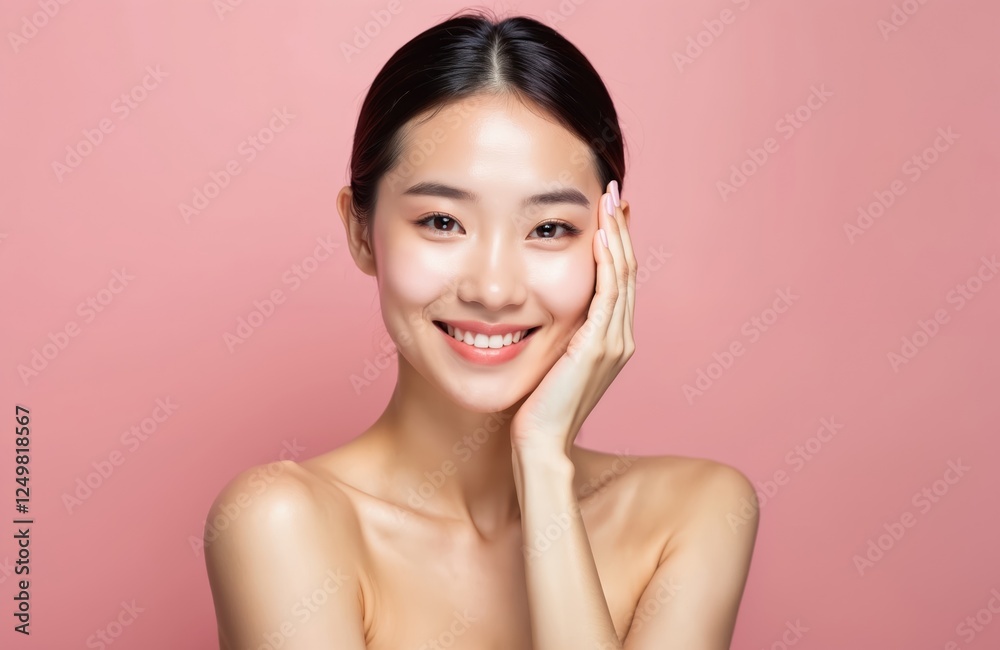 Beautiful Asian woman with healthy skin smiles gently. She has fresh and clean skin. Portrait shows beauty care concepts. Pink background highlights beauty and freshness. Beautiful Asian woman with healthy skin smiles gently. She has fresh and clean skin. Portrait shows beauty care concepts. Pink background highlights beauty and freshness.