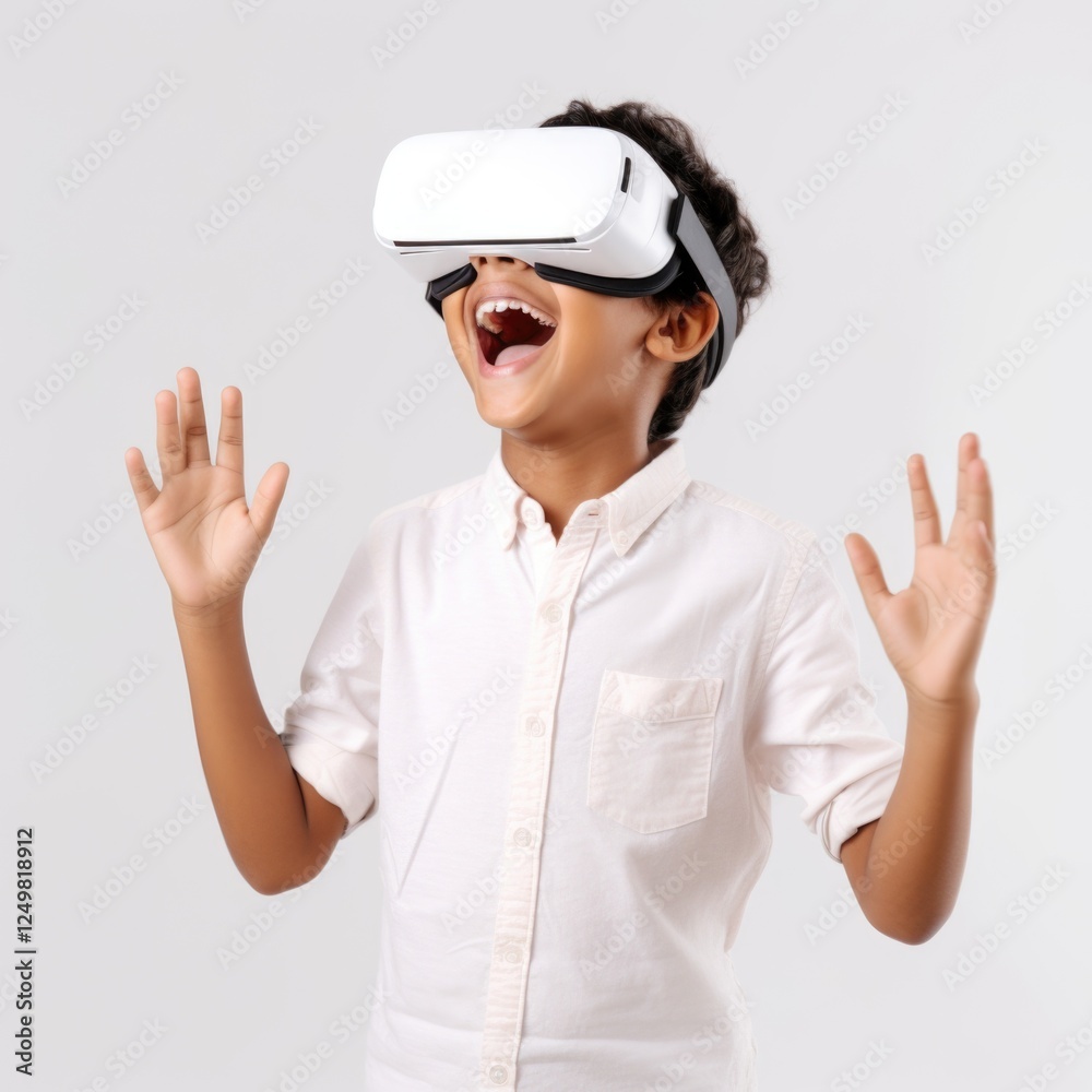 Kid wear visual goggle enjoying virtual reality in white background Kid wear visual goggle enjoying virtual reality in white background