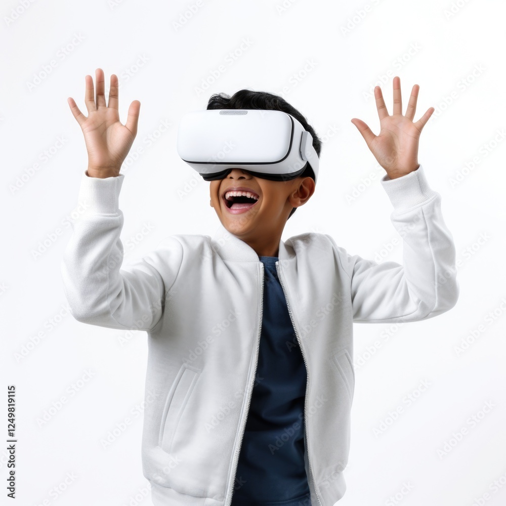 Kid wear visual goggle enjoying virtual reality in white background Kid wear visual goggle enjoying virtual reality in white background