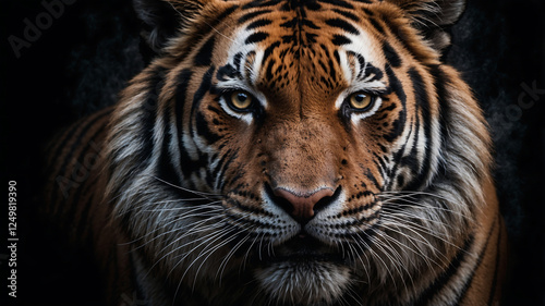 Powerful Tiger Portrait in Distinct Light with Dramatic Shadows and Intensity in Focus photo