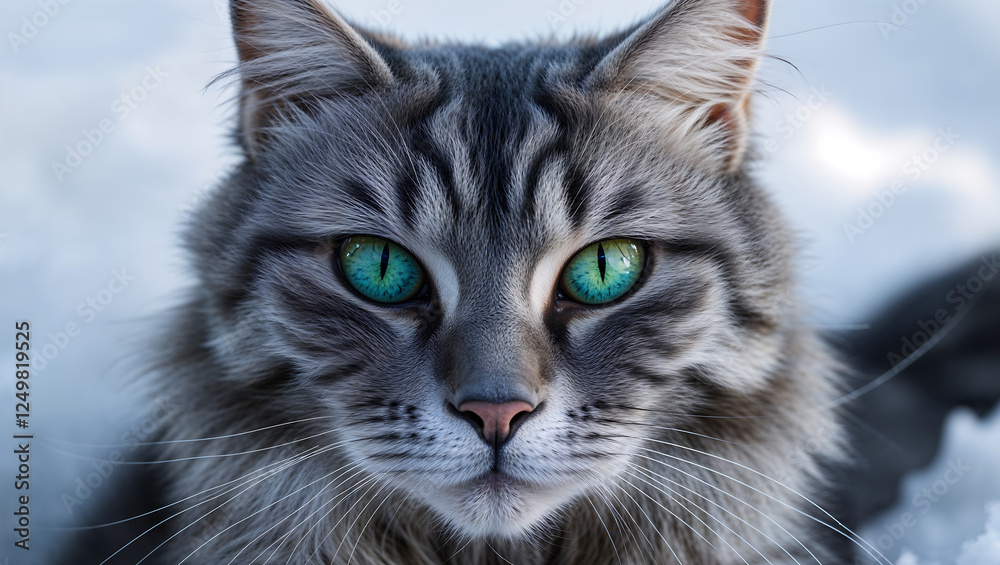 Captivating Portrait of a Fluffy Gray Cat with Striking Green Eyes in Snowy Background Captivating Portrait of a Fluffy Gray Cat with Striking Green Eyes in Snowy Background