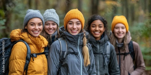 Five friends smile brightly while hiking in a lush forest during autumn. They are dressed in warm jackets and cozy hats, enjoying the companionship and the vibrant scenery