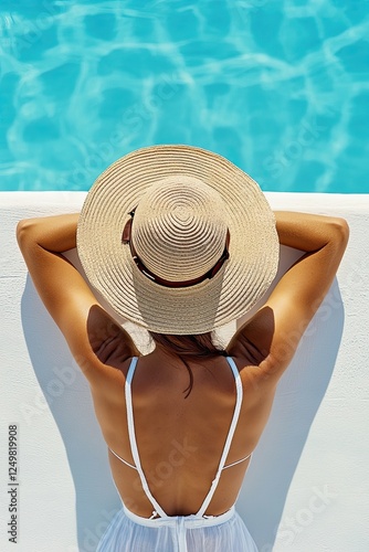 A woman on a luxury travel vacation admiring the scenery of Santorini island