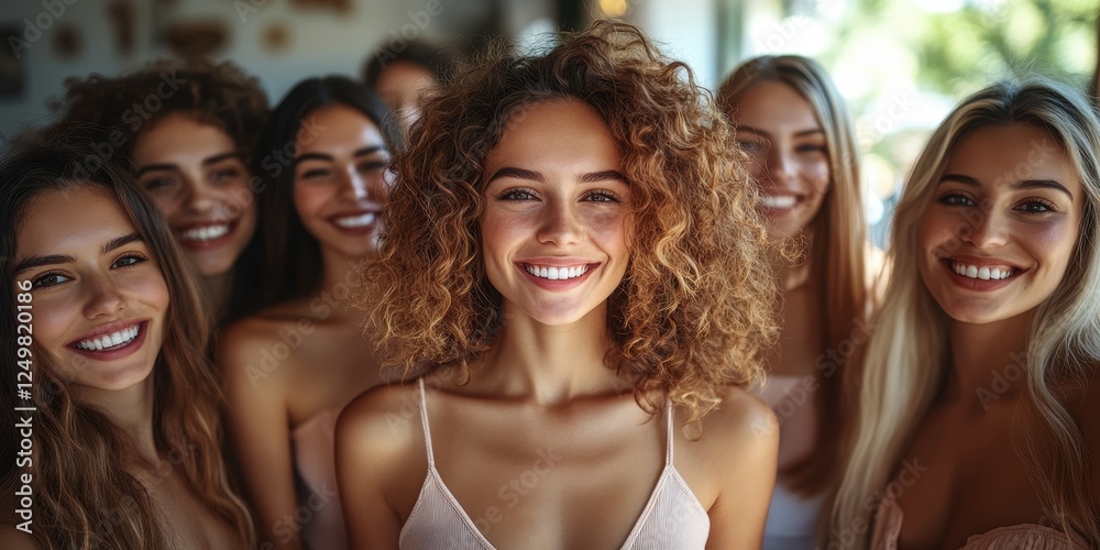 Obraz premium Seven smiling young women gather closely, showcasing their diverse hair textures and styles. Natural light streams in, creating a warm, inviting atmosphere that highlights their happiness
