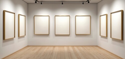Empty art gallery interior with minimalist gold frames. Modern exhibition space with blank canvases. Stylish interior design mockup for empty frames. Clean, modern gallery layout. Contemporary art